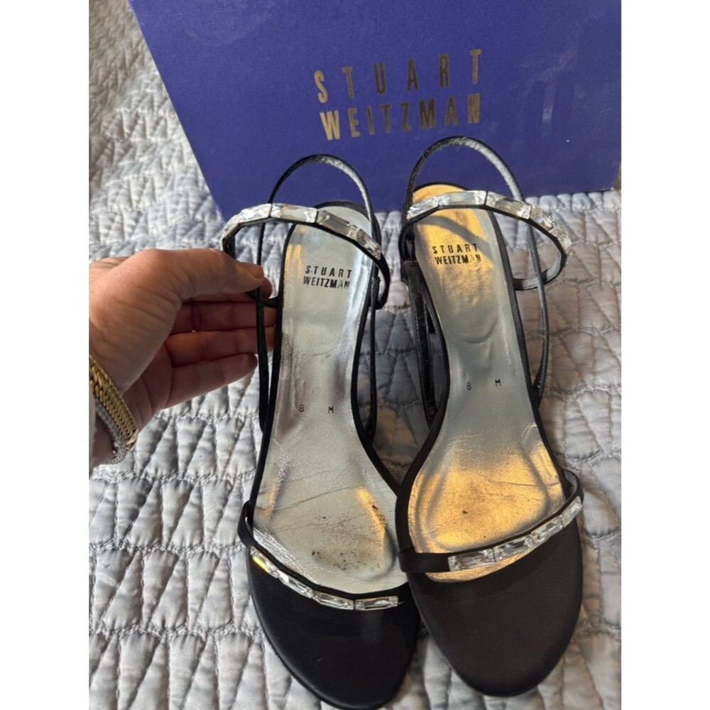 Stuart Weitzman Black Satin Crystal-Trim Slingback Heels Size 8